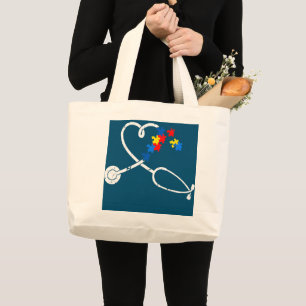 Funny Nurse Autism Puzzle Stethoscope Heart Large Tote Bag