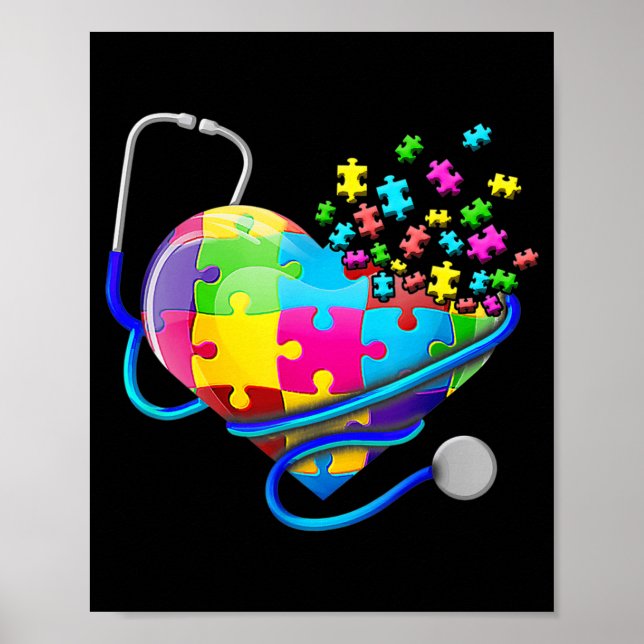 Funny Nurse Autism Puzzle Stethoscope Heart T-Shir Poster (Front)