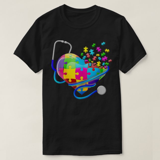 Funny Nurse Autism Puzzle Stethoscope Heart  T-Shirt (Design Front)