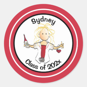 Funny Nurse Cartoon Red Black Graduation Class of Classic Round Sticker