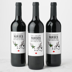 Funny Nurse Christmas Reindeer Stethoscope Wine Label