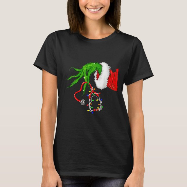 Funny Nurse Christmas Stethoscope Nurses Xmas Ligh T-Shirt (Front)