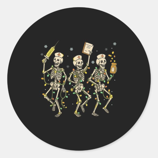 Funny Nurse Skeleton Christmas Light Dance Stethos Classic Round Sticker (Front)