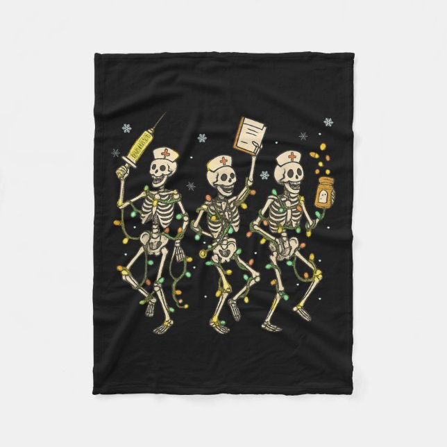 Funny Nurse Skeleton Christmas Light Dance Stethos Fleece Blanket (Front)