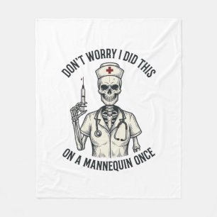 Funny Nurse Skeleton Syringe Vintage Engraving Des Fleece Blanket