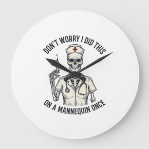 Funny Nurse Skeleton Syringe Vintage Engraving Des Large Clock