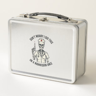 Funny Nurse Skeleton Syringe Vintage Engraving Des Metal Lunch Box