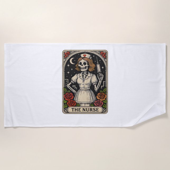 Funny Nurse Skeleton Tarot Card Halloween Nursing  Beach Towel (Front)