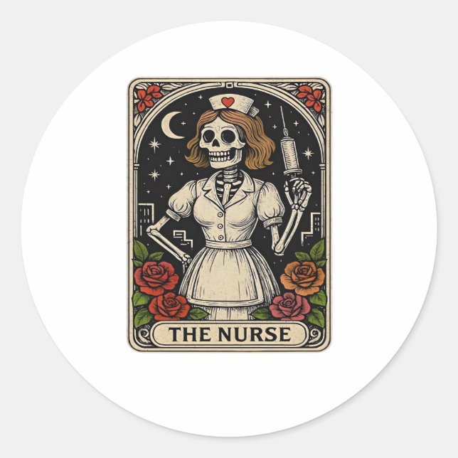 Funny Nurse Skeleton Tarot Card Halloween Nursing  Classic Round Sticker (Front)