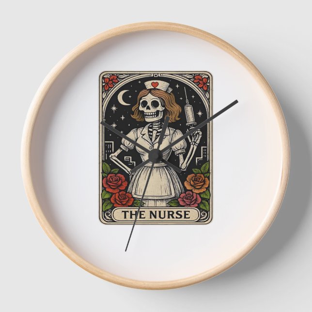 Funny Nurse Skeleton Tarot Card Halloween Nursing  Clock (Front)