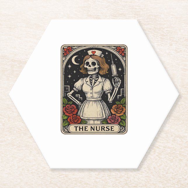 Funny Nurse Skeleton Tarot Card Halloween Nursing  Paper Coaster (Front)