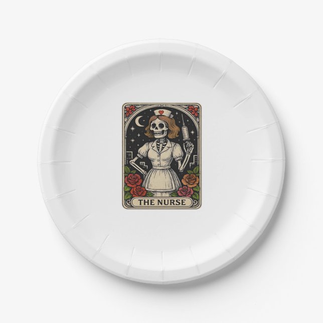Funny Nurse Skeleton Tarot Card Halloween Nursing  Paper Plate (Front)