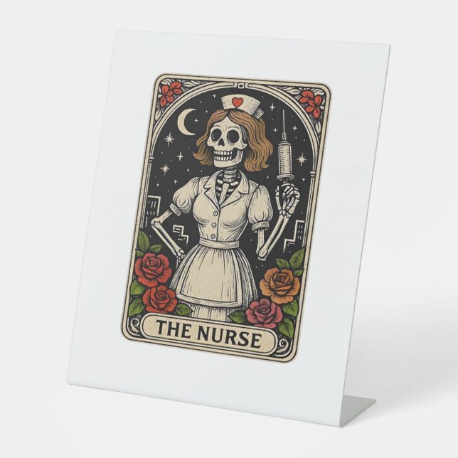 Funny Nurse Skeleton Tarot Card Halloween Nursing  Pedestal Sign (Front)