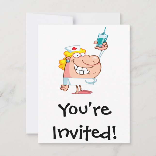 funny nurse with a syringe cartoon invitation (Front)