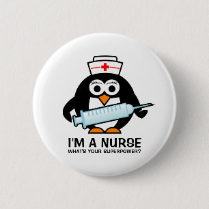 Funny nursing buttons with cute penguin nurse