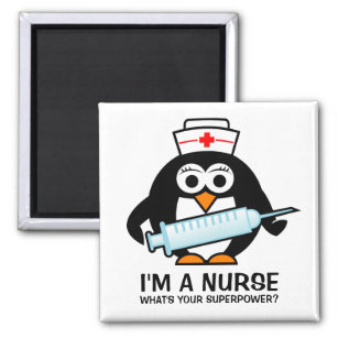 Funny nursing magnet with cute penguin nurse