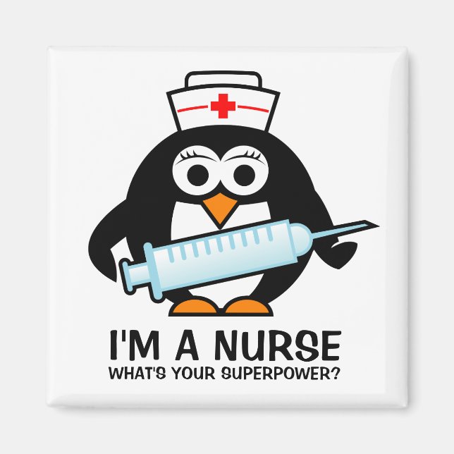 Funny nursing magnet with cute penguin nurse (Front)