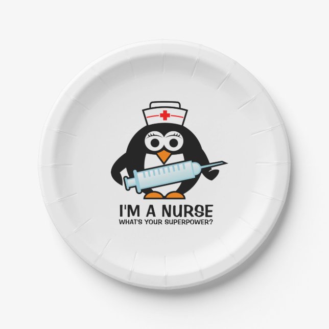 Funny nursing party plates with cute penguin nurse (Front)