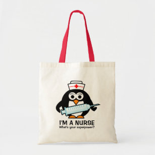 Funny nursing tote bag with cute penguin nurse