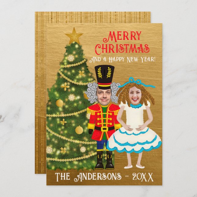 Funny Nutcracker & Clara Add Your Face Christmas  Holiday Card (Front/Back)