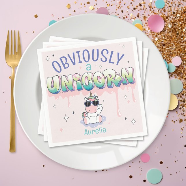 Funny Obviously A Unicorn Theme Birthday Party Napkin (Funny Obviously A Unicorn cute kawaii unicorn theme girl's name birthday party table napkins decor )