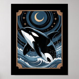 Funny Ocean Orca Whale Jumping On A Tarot Card Nig Poster