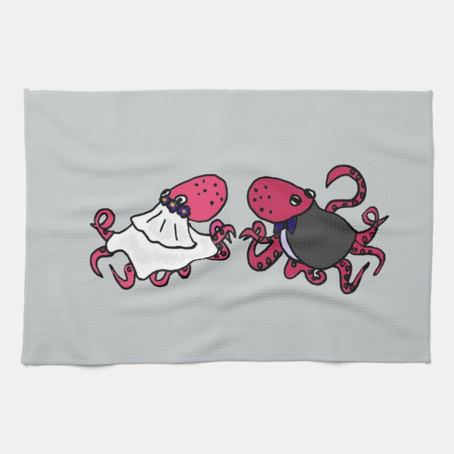 Funny Octopus Bride and Groom Wedding Art Tea Towel (Horizontal)