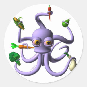 Funny octopus holding food items classic round sticker