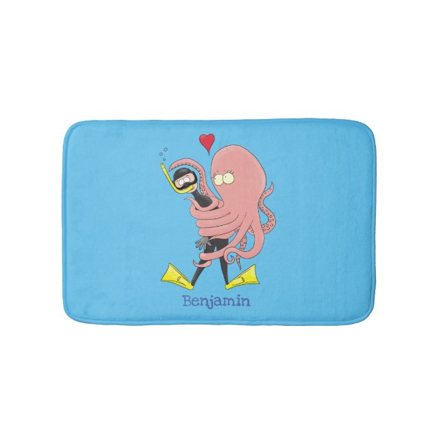 Funny octopus hugs diver cartoon humour bath mat (Front)