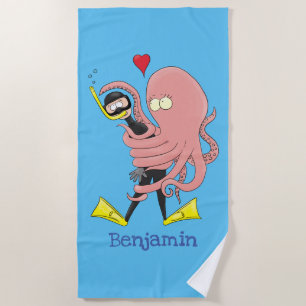 Funny octopus hugs diver cartoon humour beach towel