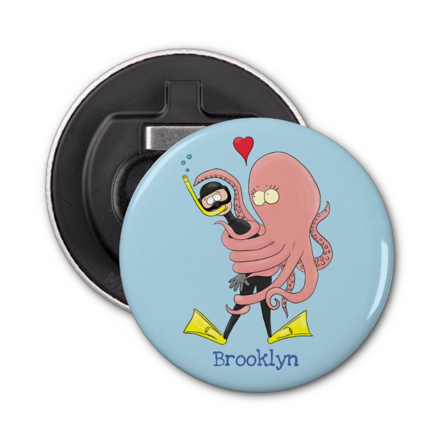 Funny octopus hugs diver cartoon humour  bottle opener (Front)