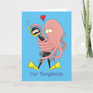 Funny octopus hugs diver cartoon humour card