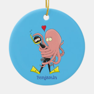 Funny octopus hugs diver cartoon humour ceramic tree decoration