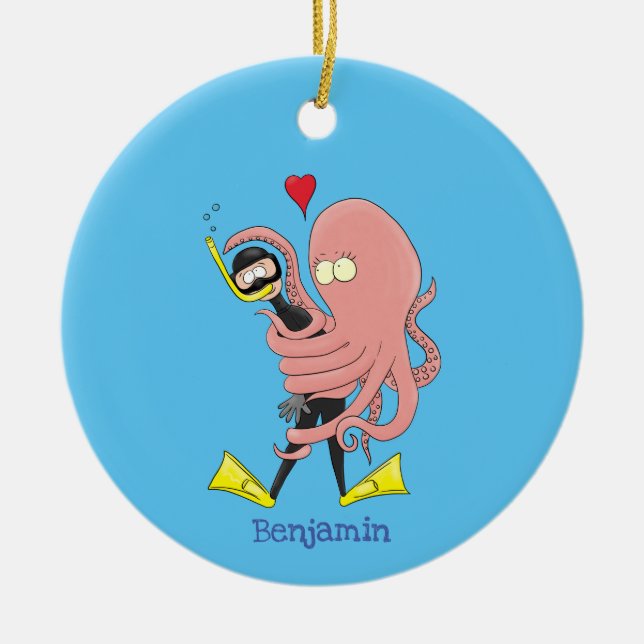 Funny octopus hugs diver cartoon humour ceramic tree decoration (Front)