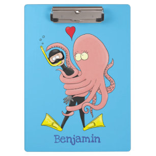 Funny octopus hugs diver cartoon humour  clipboard