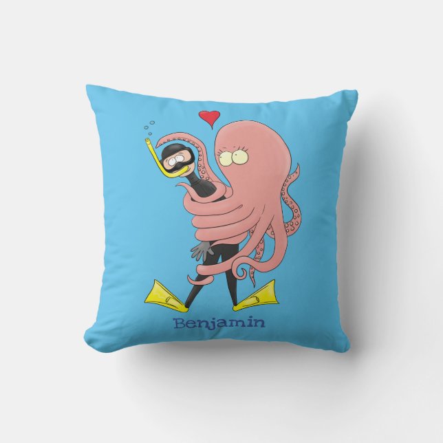 Funny octopus hugs diver cartoon humour cushion (Front)