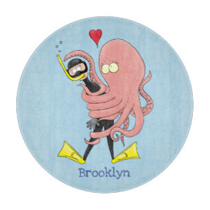 Funny octopus hugs diver cartoon humour  cutting board