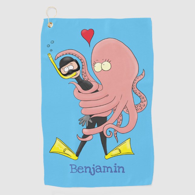 Funny octopus hugs diver cartoon humour golf towel (Front)