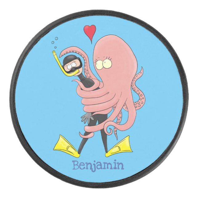 Funny octopus hugs diver cartoon humour  hockey puck (Front)