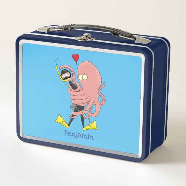 Funny octopus hugs diver cartoon humour metal lunch box (Front)