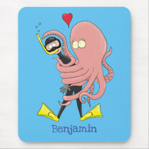 Funny octopus hugs diver cartoon humour mouse mat