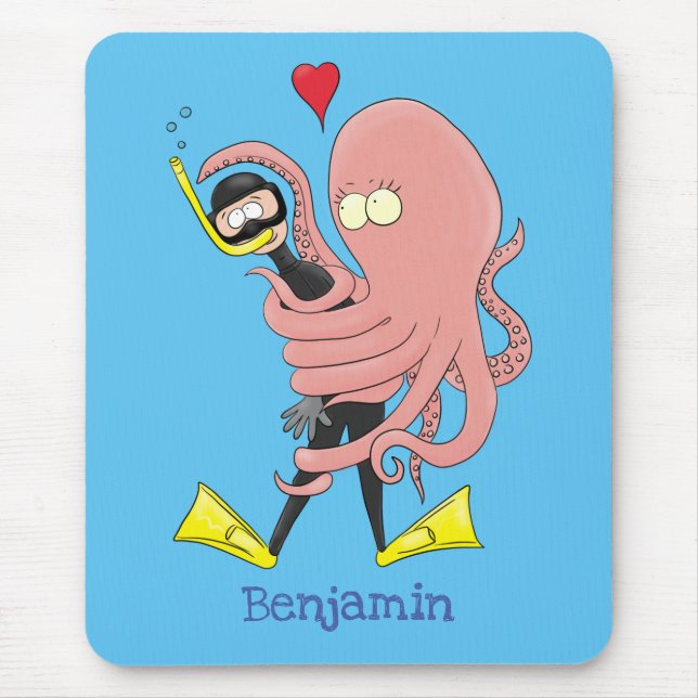 Funny octopus hugs diver cartoon humour mouse mat (Front)