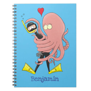 Funny octopus hugs diver cartoon humour notebook