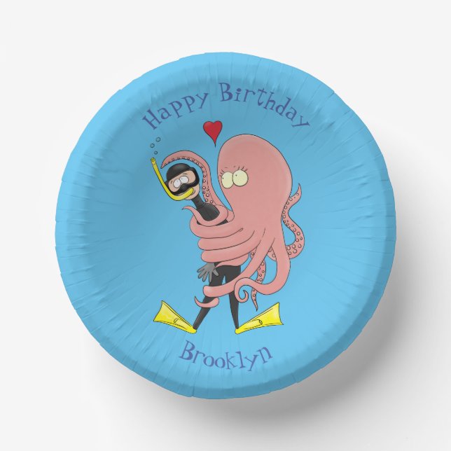 Funny octopus hugs diver cartoon humour paper plate (Front)