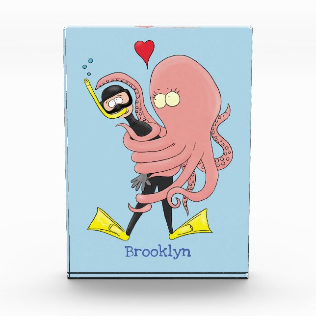 Funny octopus hugs diver cartoon humour photo block (Front)