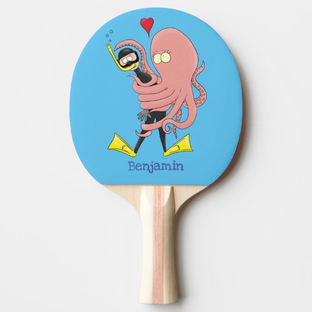 Funny octopus hugs diver cartoon humour ping pong paddle (Front)