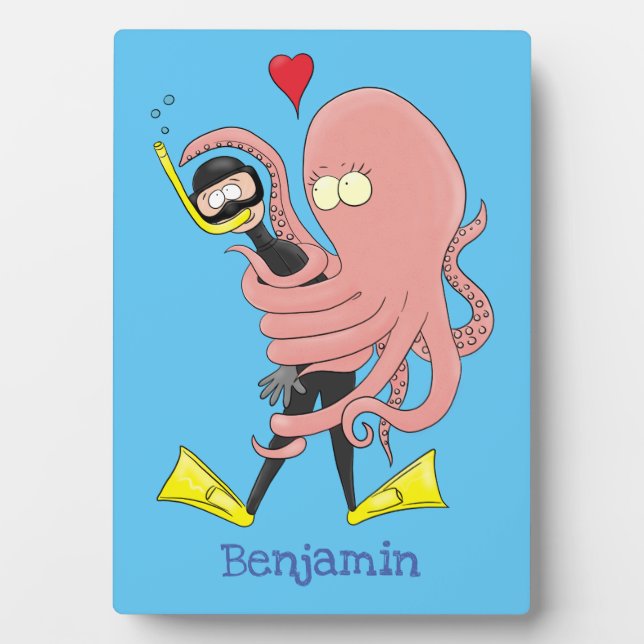 Funny octopus hugs diver cartoon humour plaque (Front)