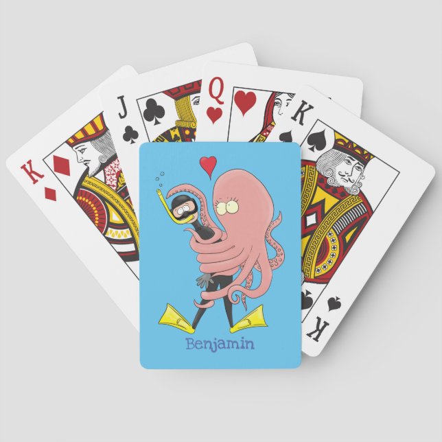 Funny octopus hugs diver cartoon humour playing cards (Back)