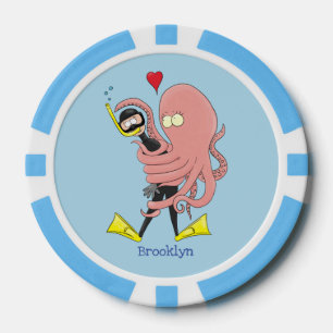 Funny octopus hugs diver cartoon humour poker chips