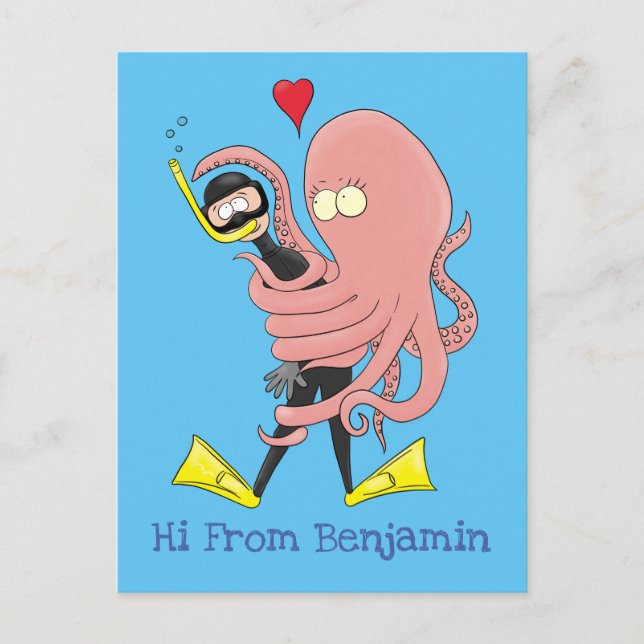 Funny octopus hugs diver cartoon humour postcard (Front)